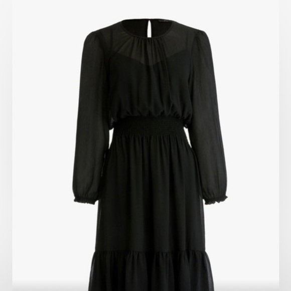 J Crew Black Dress Poly Sheer Lined Layered Cinch Waist Long Sleeved. VGUC Large - Picture 6 of 12